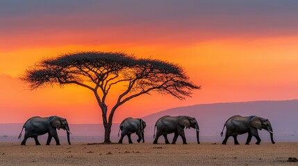 Majestic Elephants at Sunset  African Savanna  Wildlife Photography