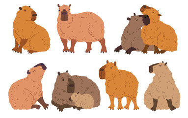 Fototapeta premium Set of cute capybaras in different colors, poses, including a couple and baby capybaras.