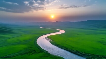 Sunrise over a Winding River in a Lush Meadow