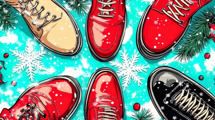 Stylish Winter Boots Flat-Lay: A Circular Arrangement of Red, Black & Beige Styles on Snow &ndash; Perfect for a Sporty Home Decor Poster with Holiday Snowflake & Greenery Accents!