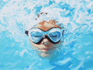 Naklejka premium swimmer gliding through crystal clear water, wearing goggles, creates serene underwater scene. vibrant blue hues and gentle bubbles enhance tranquil atmosphere