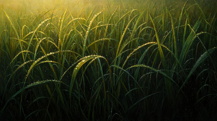 Dew covered grass sparkles in early morning light, creating serene and refreshing atmosphere. vibrant green blades glisten with droplets, enhancing beauty of nature