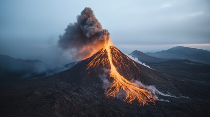 Dramatic Volcanic Eruption  Lava Flow  Ash Plume  Fiery Mountain Landscape