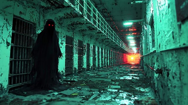 Folklore Prison Ghost, Chilling Apparition Haunts Decrepit Prison Cell in Gothic Fantasy Ambiance