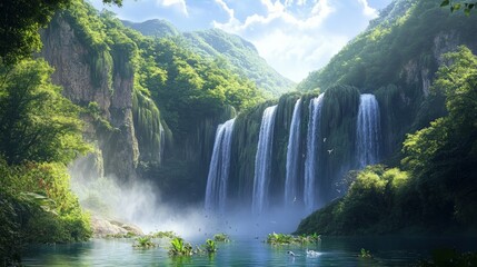 Fototapeta premium Majestic waterfall cascading through lush greenery, towering mountains provide a breathtaking backdrop, a serene natural landscape teeming with vibrant flora and tranquil beauty