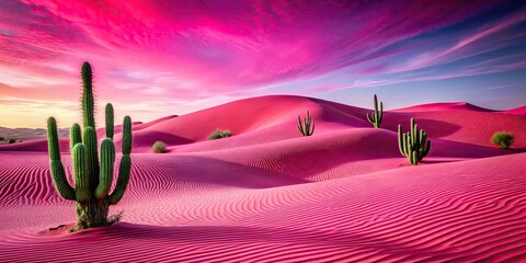 Vibrant pink desert landscape with sand dunes and cactus plants, pink, desert, landscape, sand dunes, cactus, arid, vibrant, exotic