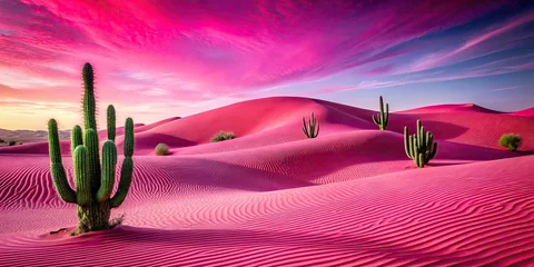 Vibrant pink desert landscape with sand dunes and cactus plants, pink, desert, landscape, sand dunes, cactus, arid, vibrant, exotic