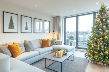 Bright and airy living room with white sofa, green Christmas tree decorated with yellow accents, grey carpet, and black-framed pictures on a white wall, ample sunshine from floor-to-ceiling windows.