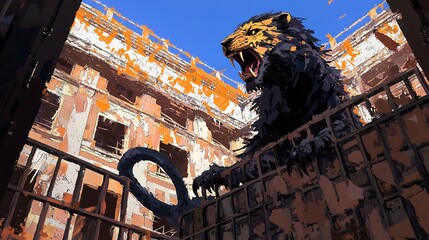 Naklejka premium Folklore Prison Beast, Derelict Ruins Harboring an Enigmatic Chimeric Beast with Leonine,Avian,and Serpentine Features