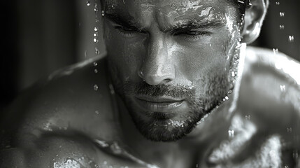 Close-up of a male athlete with water cascading over his face, highlighting strength, determination, and focus during an intense fitness routine.