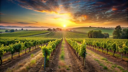 Naklejka premium Vineyard agricultural fields in countryside at sunrise , vineyard, agriculture, fields, countryside, landscape, aerial view