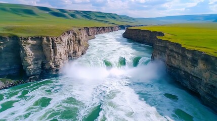 Majestic Waterfall Cascading Through Canyon Landscape