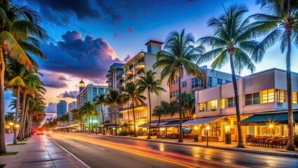 Fototapeta premium Lights of Ocean Boulevard with restaurants and traffic in Miami Beach at night, Miami Beach, city lights, nightlife