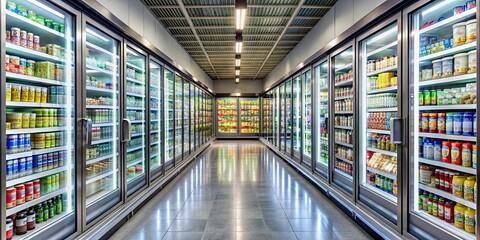 Supermarket freezer aisle with a variety of drinks and food , grocery, store, retail, shopping, frozen, aisle