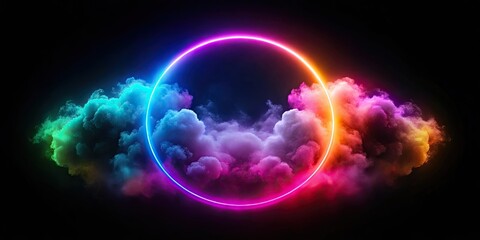 Neon round linear frame glowing inside colorful cloud on black background, render, neon, round, linear, frame, colorful