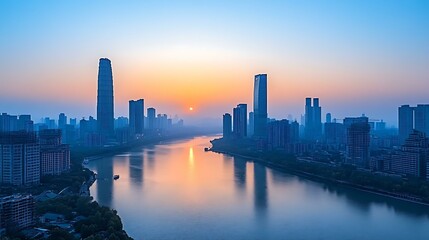 Naklejka premium Sunrise over the Cityscapes Riverfront