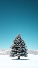 A solitary snow-covered tree against a clear blue sky in a winter landscape.