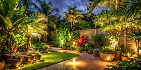 Fototapeta premium Lush tropical backyard garden illuminated at night with various plants, tropical, backyard, garden, illumination, night