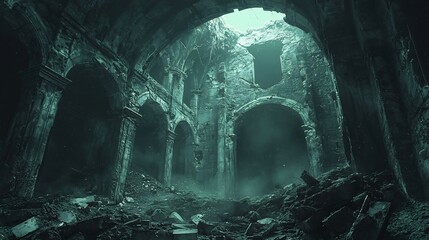 Fototapeta premium Fantasy Adventure Scenery, Haunting Ruins of an Ancient Subterranean Cavern with Ghostly Wanderers