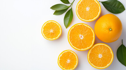 Fototapeta premium Fresh Orange Slices: A vibrant arrangement of juicy orange slices with green leaves, capturing the essence of freshness and natural goodness. 