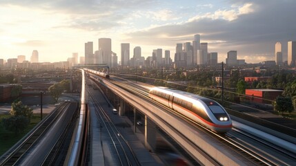Fototapeta premium Railway overpass with a sleek modern train speeding across, urban skyline in the background 