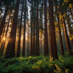 Fototapeta premium A mountain forest with towering redwood trees and a vibrant sunset.