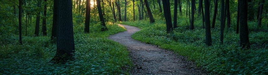 Fototapeta premium Lush Forest Pathway, a serene trail winding through vibrant greenery, dappled sunlight creates a warm atmosphere, beckoning exploration of nature's tranquility.