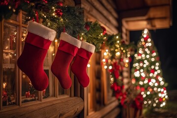 Christmas stockings and decorations hanging from wooden cabin eaves with lighted Christmas tree at night, festive market hut view.