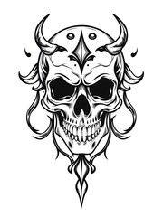 Fototapeta premium Ornate Devil Skull: Black Ink Illustration. AI Generated