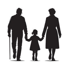 grandparents walking with granddaughter vector silhouette Illustration 