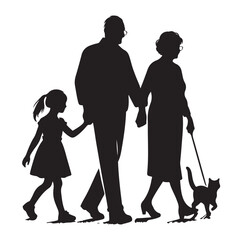 grandparents walking with granddaughter vector silhouette Illustration 