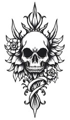 Ornate Skull with Floral Wings: A Black and White Ink Illustration. AI Generated