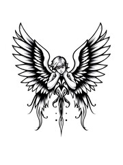 Obraz premium Intricate Black and White Angel Illustration: A Seraph Design. AI Generated