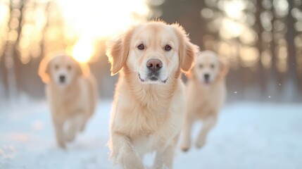 Golden Retrievers Running in Snowy Forest  Winter Sunset