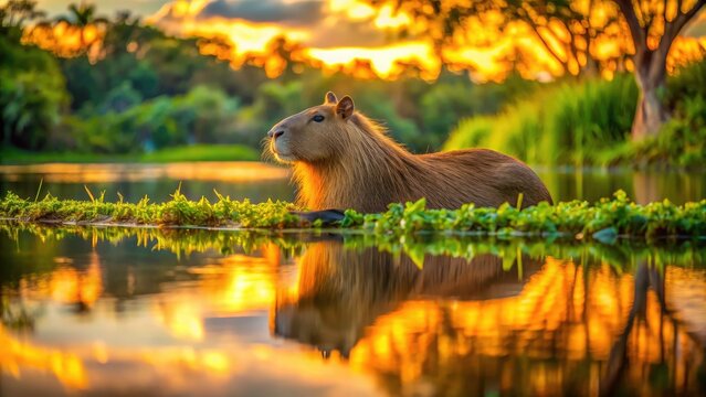 Capybara in Corumba, Pantanal Biome - Serene Nature Photography of Wildlife in Mato Grosso do Sul, Brazil, Capturing the Essence of 2017's Unique Ecosystem