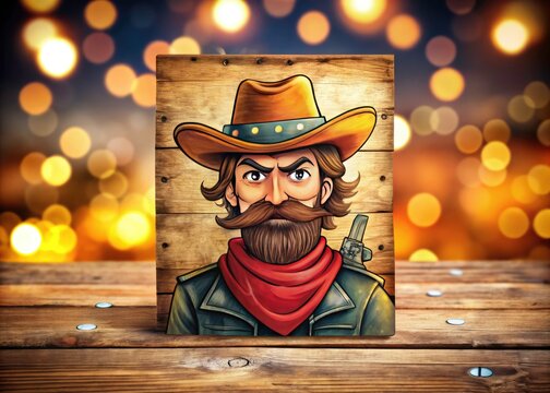 Cartoon Wild West Wanted Poster, Bokeh Background, Outlaw Illustration, Funny Bandit, Western Sheriff,  Retro Cowboy