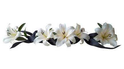 PNG, Funeral, mourning, white lily with ribbon, isolated on white background, AI generated.