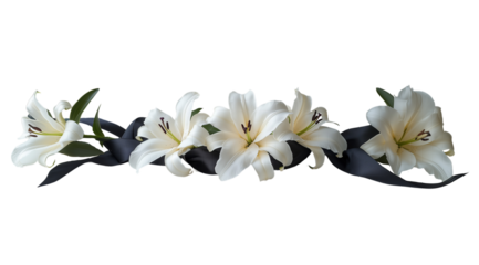 PNG, Funeral, mourning, white lily with ribbon, isolated on white background, AI generated.