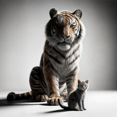 Fototapeta premium tiger and cat posing together on dramatic light and isolated background studio