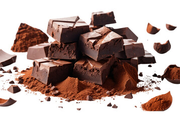 Close-up of broken dark chocolate chunks surrounded by cocoa powder, symbolizing richness and...