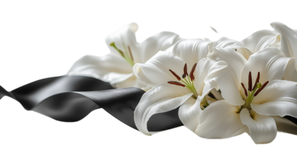 PNG, Funeral, mourning, white lily with ribbon, isolated on white background, AI generated.