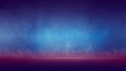 Dark scene stage shows purple and blue background, empty lights studio room, spotlights asphalt floor smoke floating up, night view for display products night club hall concert, Halloween Backdrop