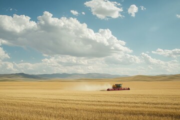 Fototapeta premium A combine harvester working in a vast golden wheat field under a bright blue sky with fluffy