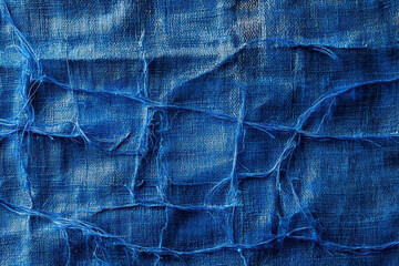 Naklejka premium Textured blue linen surface with intricate threads and patterns, creating visually striking and artistic appearance. deep blue color adds depth and richness to fabric