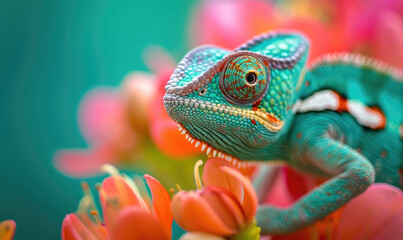 Obraz premium Chameleon on the flower. Beautiful extreme close-up