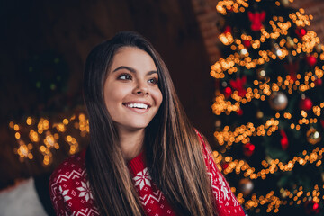 Portrait of charming adorable cute woman wear new red clothes pullover xmas holidays decorated apartment room indoors