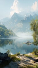 Serene Morning at Misty Lake, a calm lake nestled among majestic mountains, enveloped in gentle mist, with soft light creating a peaceful and tranquil atmosphere.