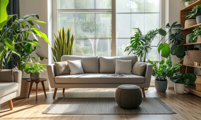 Interior of a living room with decorative plants and sofas