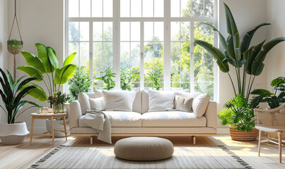 Interior of a living room with decorative plants and sofas