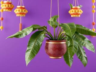 3D rendering of Kerala festival background with Indian pongal pot, fruits, banana leaves, purple theme, purple theme, rendering
